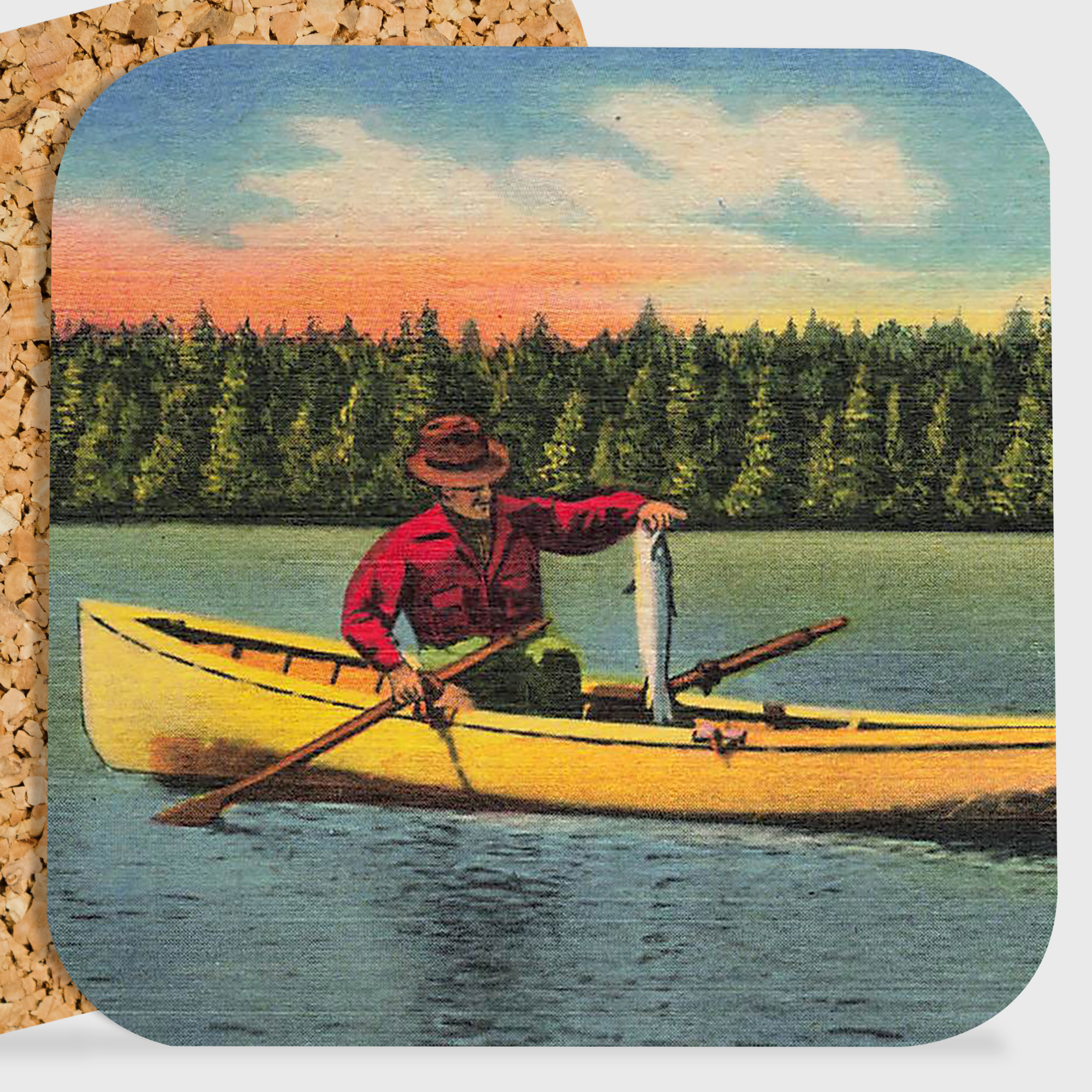 COASTER. Vintage Man Fishing On Lake.