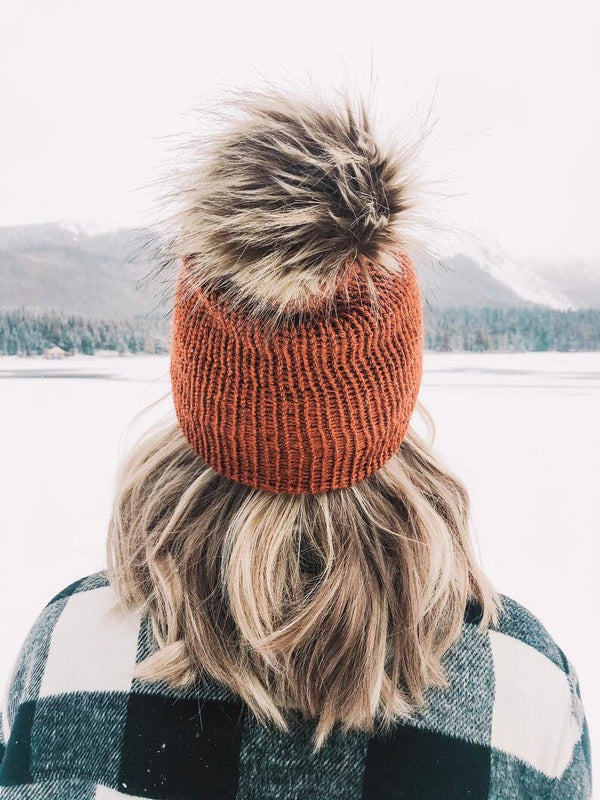 Rust Knit Beanie Toque with Fur Pom Pom