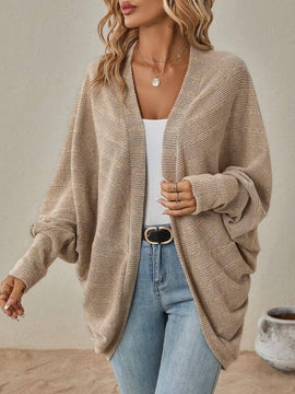Open-Front Ribbed Knit Cardigan with Dolman Sleeves - 0
