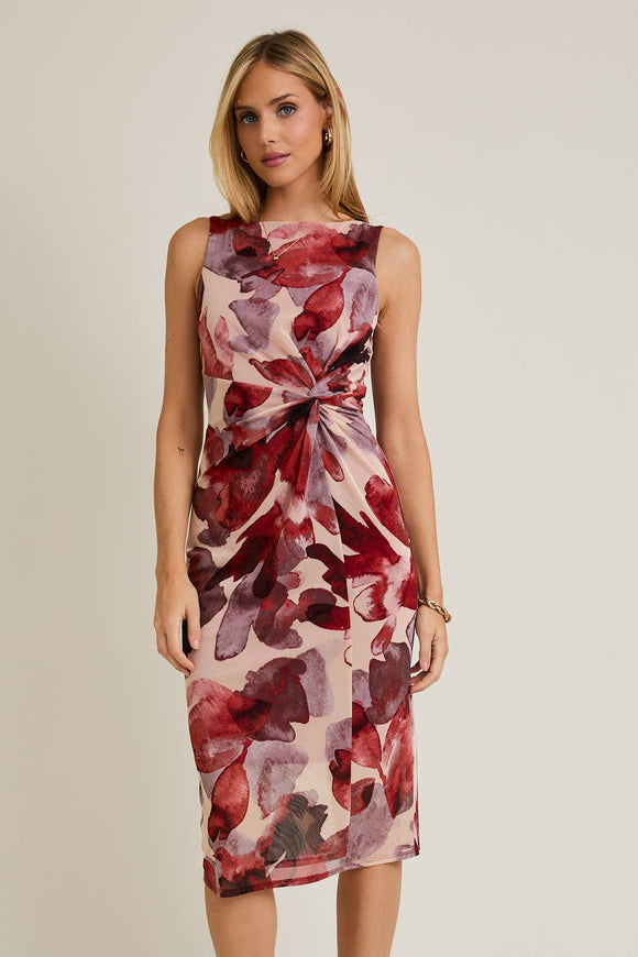 Boat Neck Sleeveless Front Twist Floral Print Dress - COMING SOON