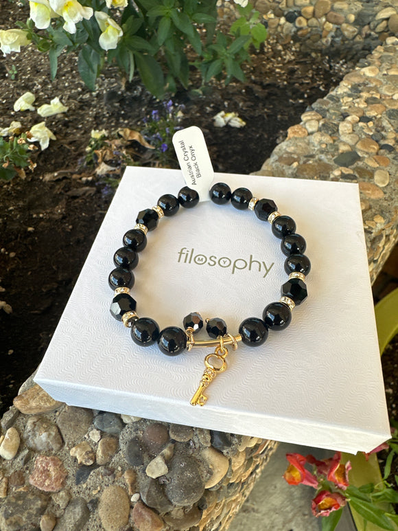 Joanna Bisley Swarovski Crystal and Black Pearl Gold Key Bracelet