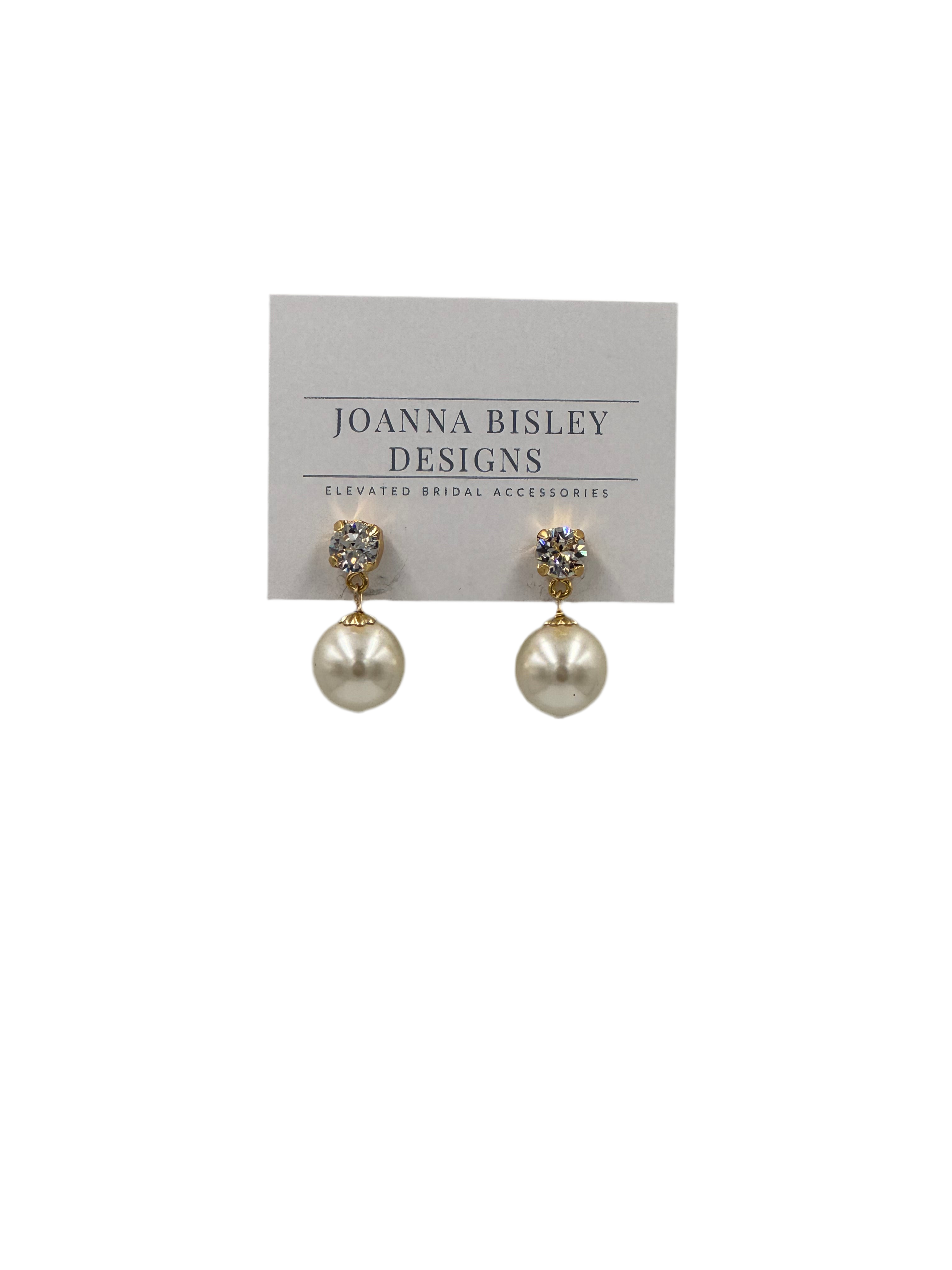 Joanna Bisley Earrings Eloise Large Cream Pearl Drops with Gold Caps and Swarovski Studs