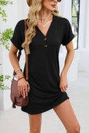 V-Neck Short Sleeve Henley Knit T-Shirt Dress-4