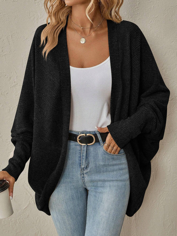 Open-Front Ribbed Knit Cardigan with Dolman Sleeves