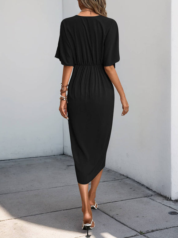 V-Neck Twist Front Tulip Hem Midi Dress