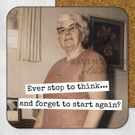COASTER. Stop Think Forget. Cheeky Novelty Funny Vintage.