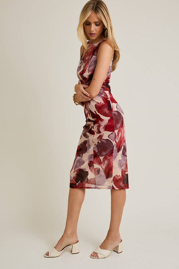 Boat Neck Sleeveless Front Twist Floral Print Dress - COMING SOON