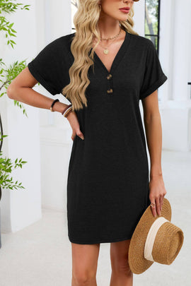 V-Neck Short Sleeve Henley Knit T-Shirt Dress
