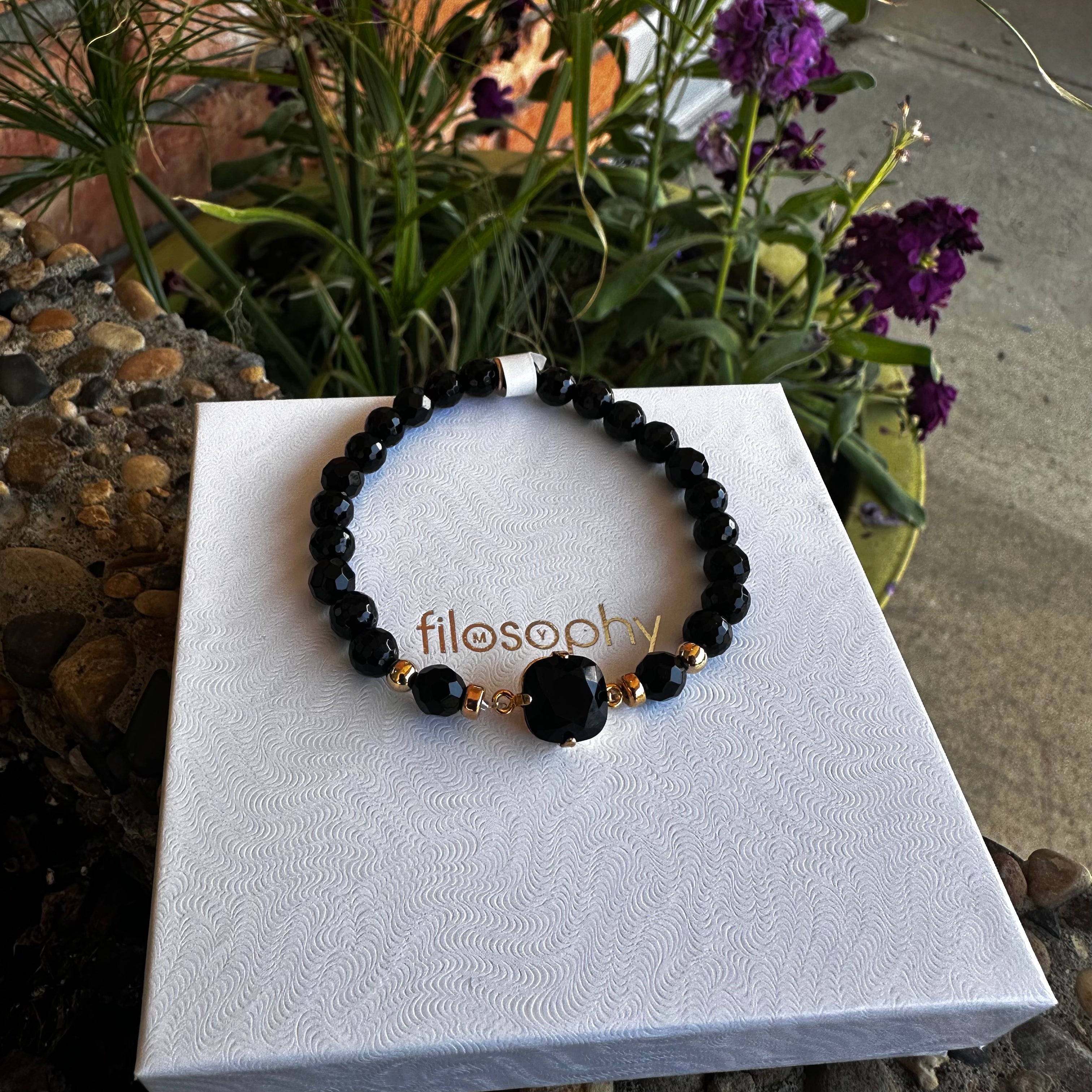 Joanna Bisley Faceted Onyx with Austrian Crystal Square Bracelet