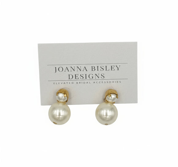 Joanna Bisley Earrings Eloise Large Cream Pearl Drops with Gold Caps and pearl Studs