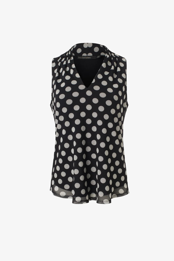 Iris Setlakwe Polka Dot Mesh Sleeveless Pleated V-Neck Top