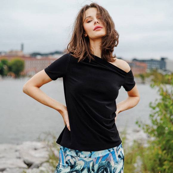 Clara Sunwoo Angular Drape Neck Off Shoulder Top