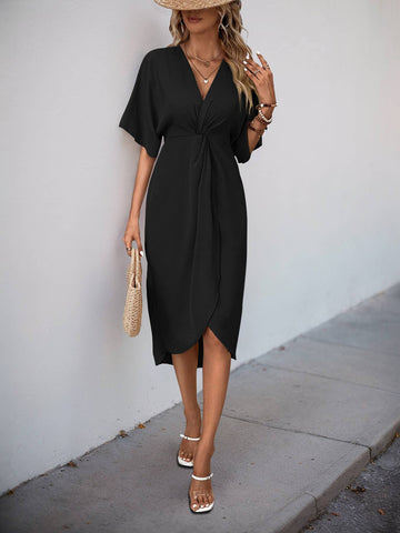 V-Neck Twist Front Tulip Hem Midi Dress
