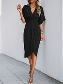 V-Neck Twist Front Tulip Hem Midi Dress-2