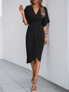 V-Neck Twist Front Tulip Hem Midi Dress - 0