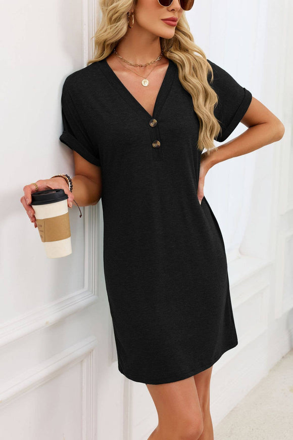 V-Neck Short Sleeve Henley Knit T-Shirt Dress