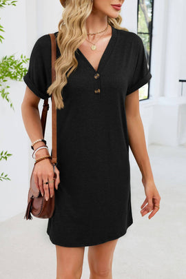 V-Neck Short Sleeve Henley Knit T-Shirt Dress - 0