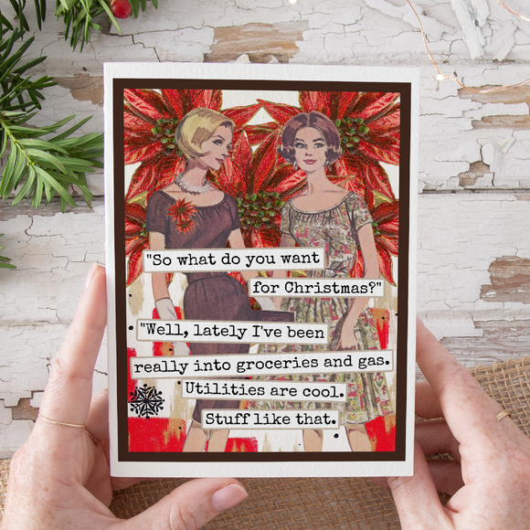Funny Christmas Card. Really Into Groceries and Gas. Vintage