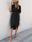 V-Neck Twist Front Tulip Hem Midi Dress-3