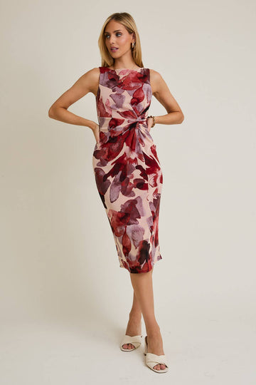 Boat Neck Sleeveless Front Twist Floral Print Dress - COMING SOON