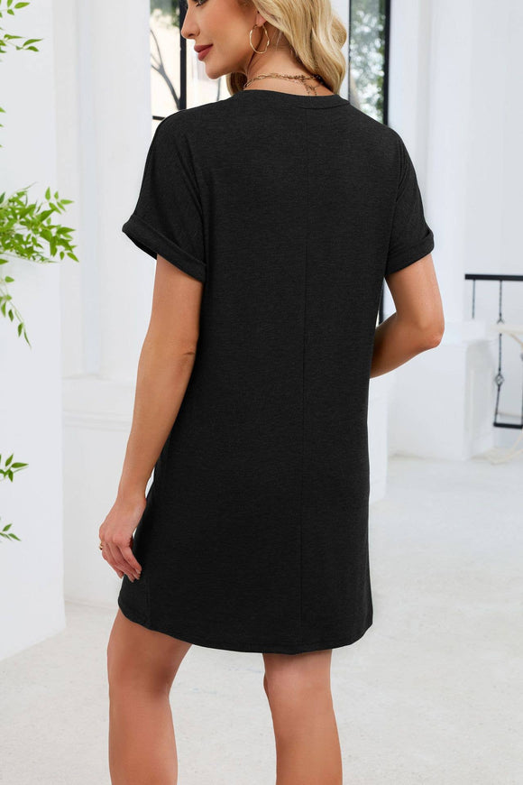 V-Neck Short Sleeve Henley Knit T-Shirt Dress