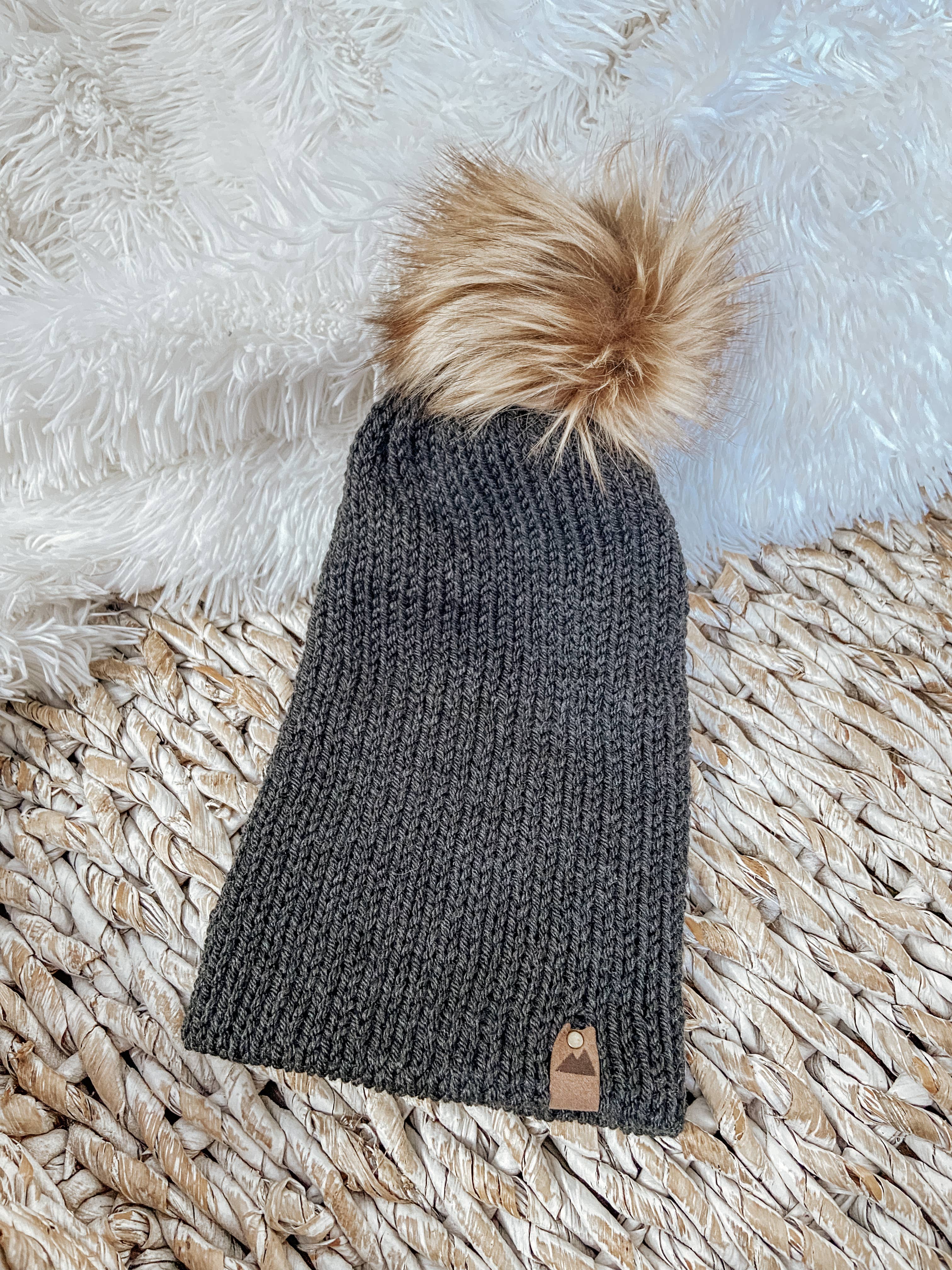 Charcoal Knit Beanie Toque with Fur Pom Pom