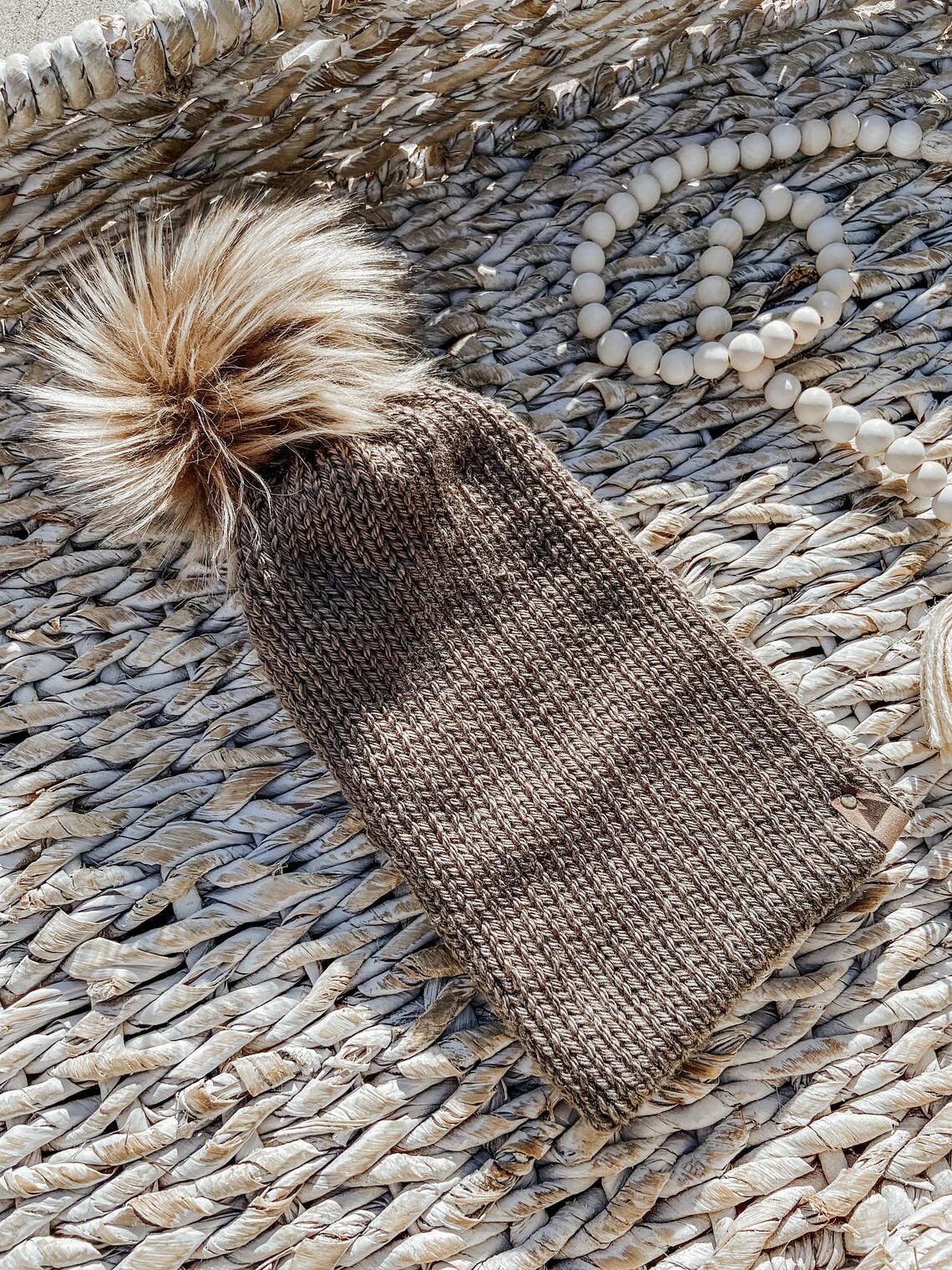 Mammoth Cave Brown Knit Beanie Toque with Fur Pom Pom