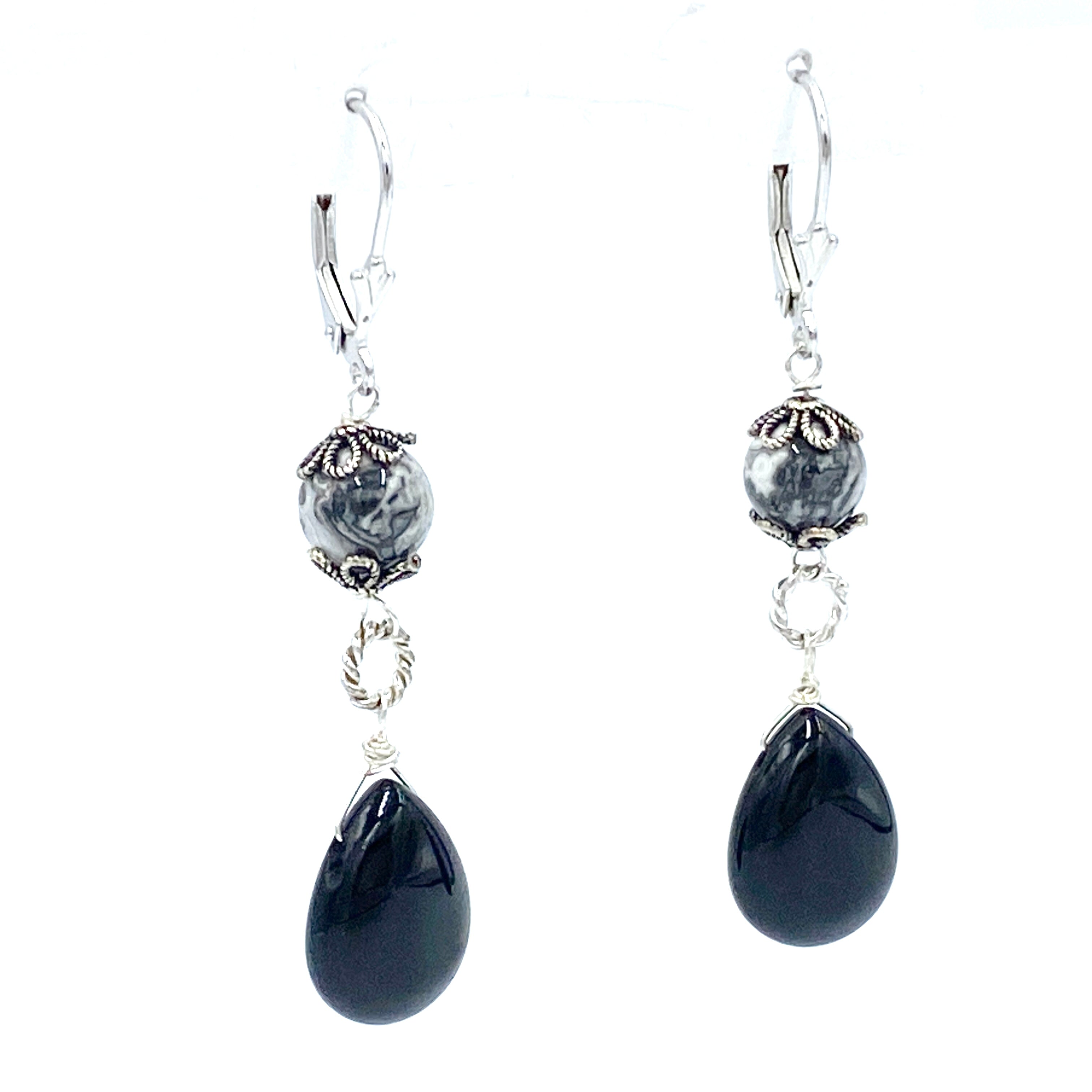 Joanna Bisley Black Onyx drop with Crazy Lace Agate and Sterling Silver earrings
